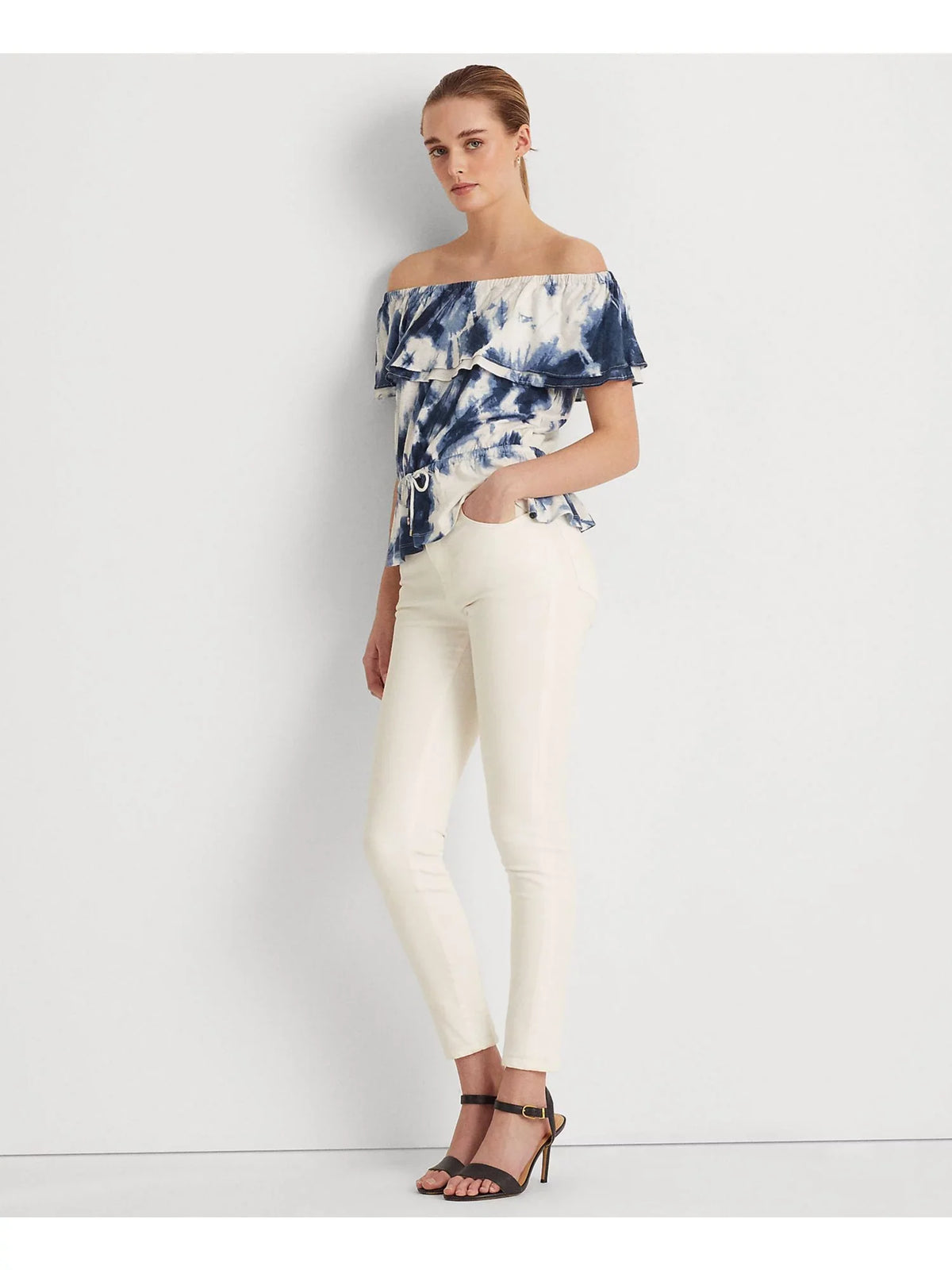 LAUREN RALPH LAUREN Womens White Ruffled Elasticized Drawcord Waist Tie Dye Short Sleeve Off Shoulder Peplum Top S