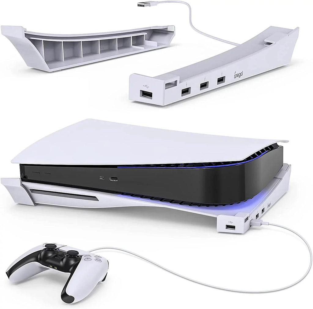 Horizontal Console Stand for Playstation 5 with 4-Port USB Hub and Base Skate Holder 3 Charging Port Extension &1 USB 2.0 Data Port,Compatible with Playstation 5 Disc & Digital Edition