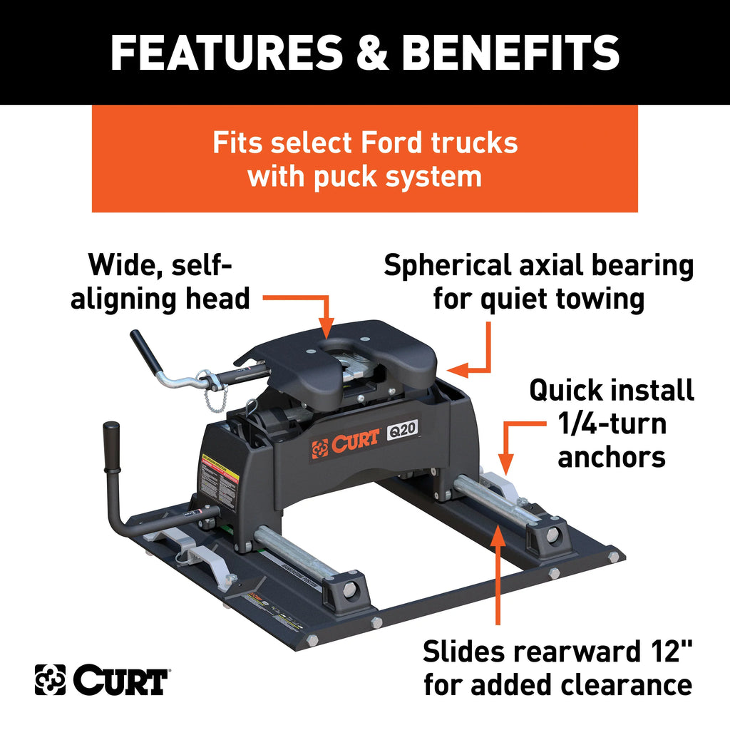CURT 16677 Q20 5th Circular part Slider Hitch, 20,000 lbs, Select Ford F-250, F-350, F-450, 6.75-Foot Bed Puck System