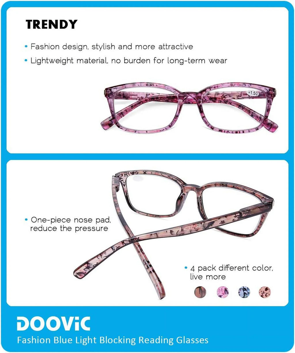 DOOViC 4 Pack Computer Reading Glasses Blue Light Blocking Anti Eyestrain Spring Hinge Stylish Readers for Women 1.50 Strength