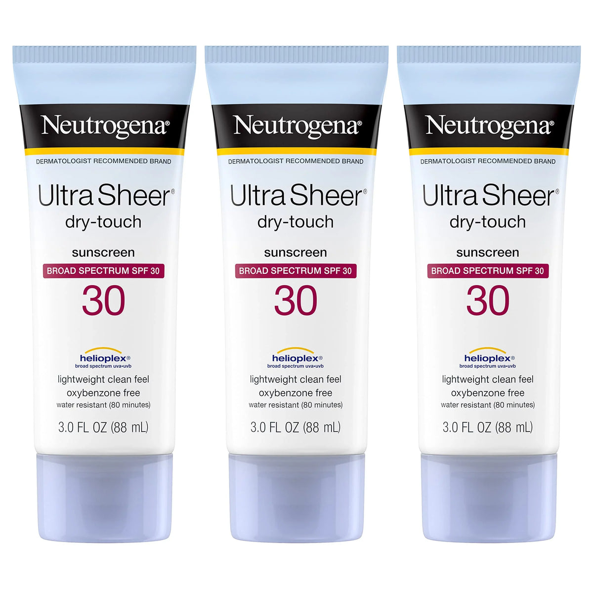 Neutrogena Ultra Sheer Dry-Touch Sunscreen Lotion, Broad Spectrum Spf 30 Uva/Uvb Protection, Oxybenzone-Free, Water Resistant, Non-Comedogenic, Non-Greasy, Travel Size, 3 Fl. Oz, Pack Of 3