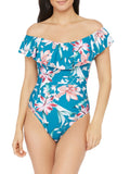 LA BLANCA Women's Blue Floral Stretch Lined Lace-up Back Ruched Ruffled Molded Cup Garden Off The Shoulder One Piece Swimsuit 4