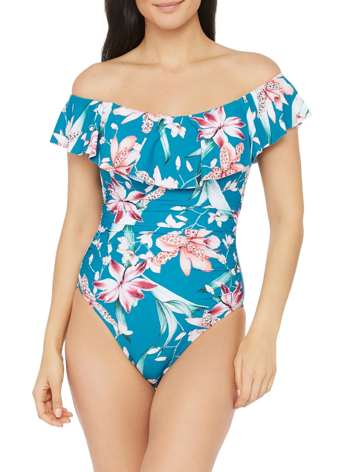 LA BLANCA Women's Blue Floral Stretch Lined Lace-up Back Ruched Ruffled Molded Cup Garden Off The Shoulder One Piece Swimsuit 4