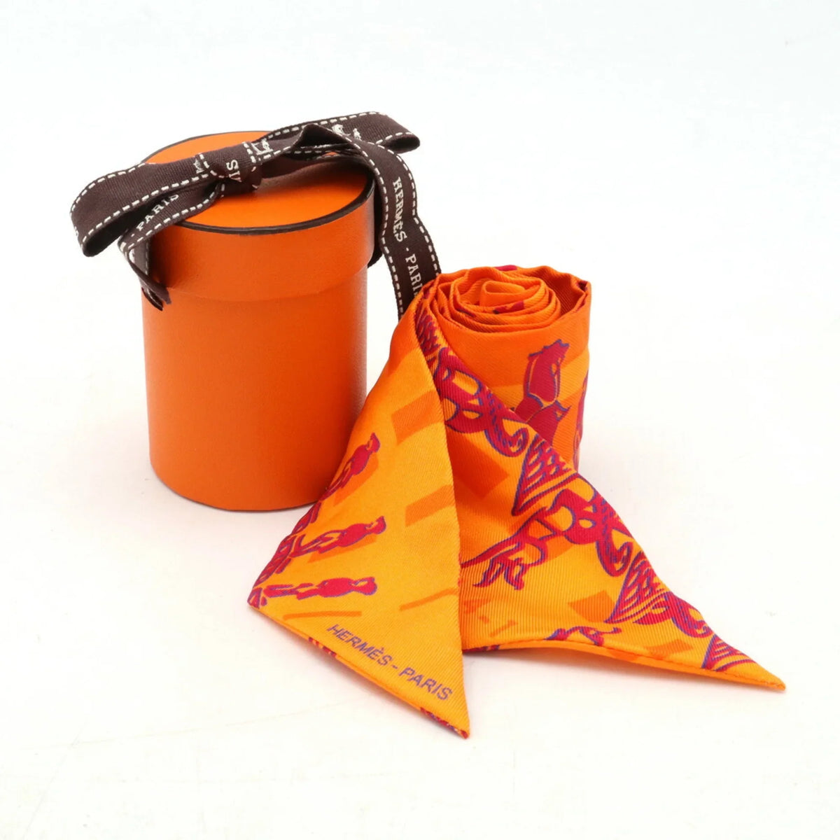 Pre-Owned HERMES Twilly Faubourg 24 Ginza 5-4-1 Scarf Muffler Hermes 10th Anniversary 100% Silk Orange (Good)