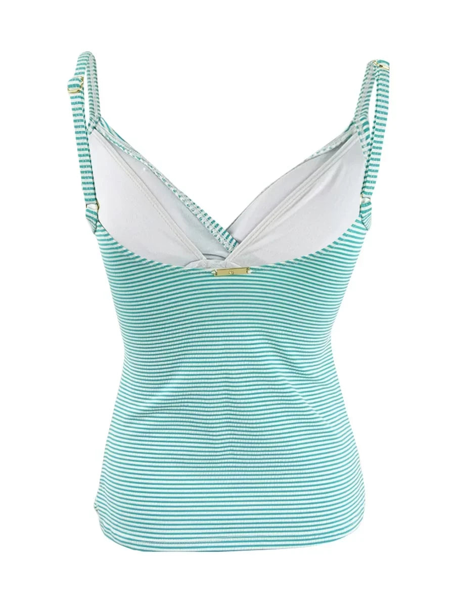 LAUREN RALPH LAUREN Women's Aqua Striped Seersucker Removable Cups Lined Ruffled Adjustable Surplice Tankini Swimsuit Top 6