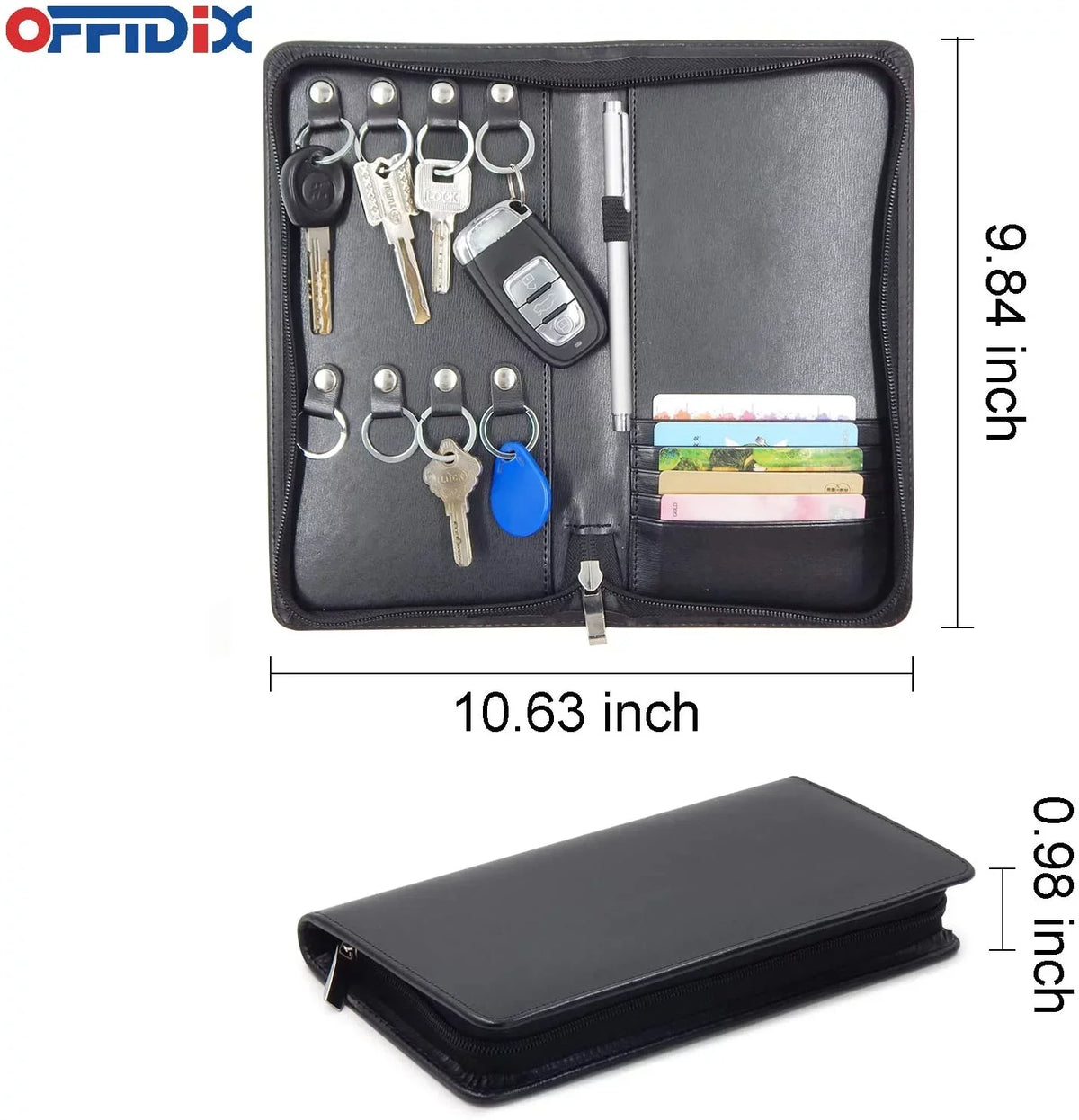 OFFIDIX PU Leather Portable Key Cabinet,8-Key Hooks Portable Zippered Key Case Menus Card Organizer Holder Business Padfolio for Real Estate Sales,Hotel Executives, Car Service