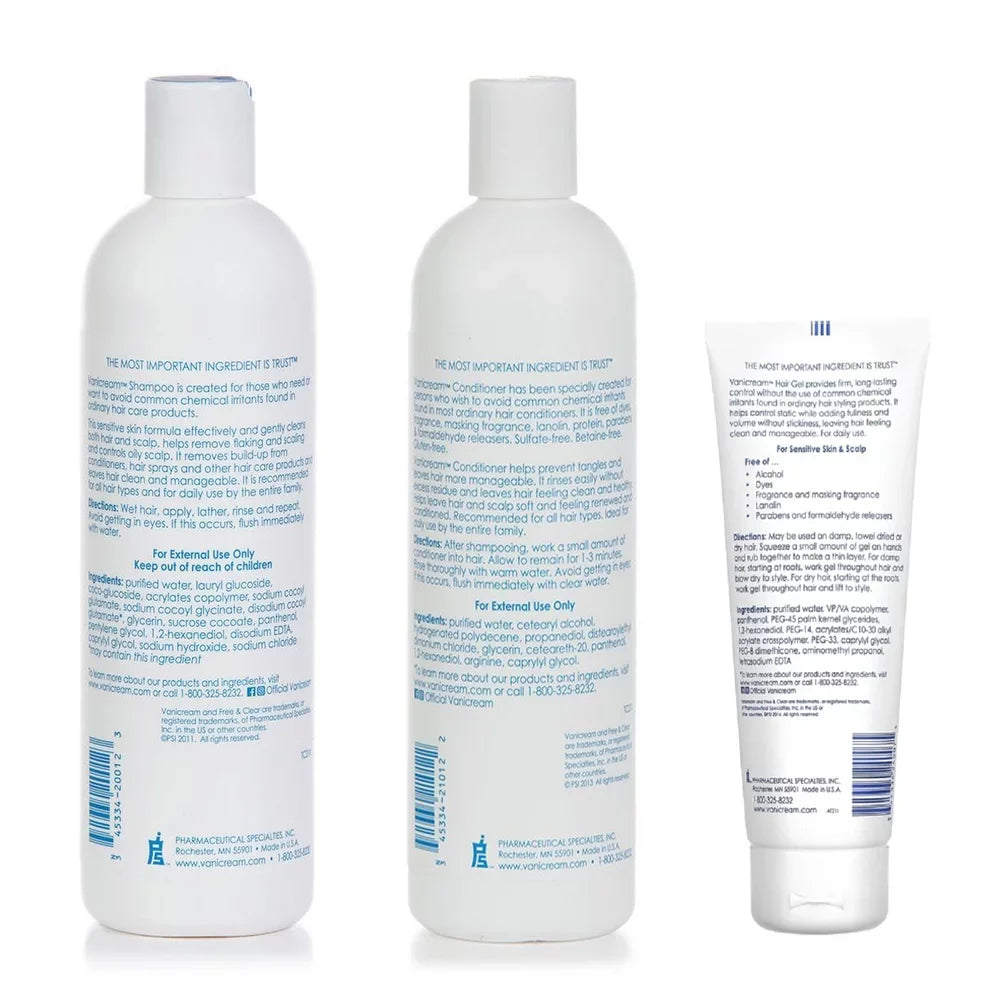 Vanicream Shampoo, Conditioner and Hair Gel For Sensitive Skin, 12 oz & 7 oz