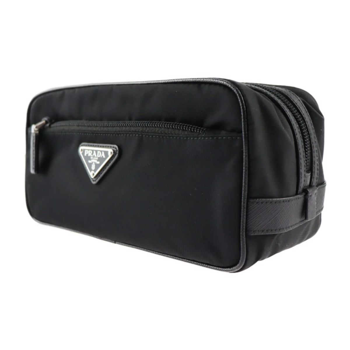 Pre-Owned PRADA Prada second bag 2NA819 nylon leather black silver hardware clutch handbag triangle logo (Good)