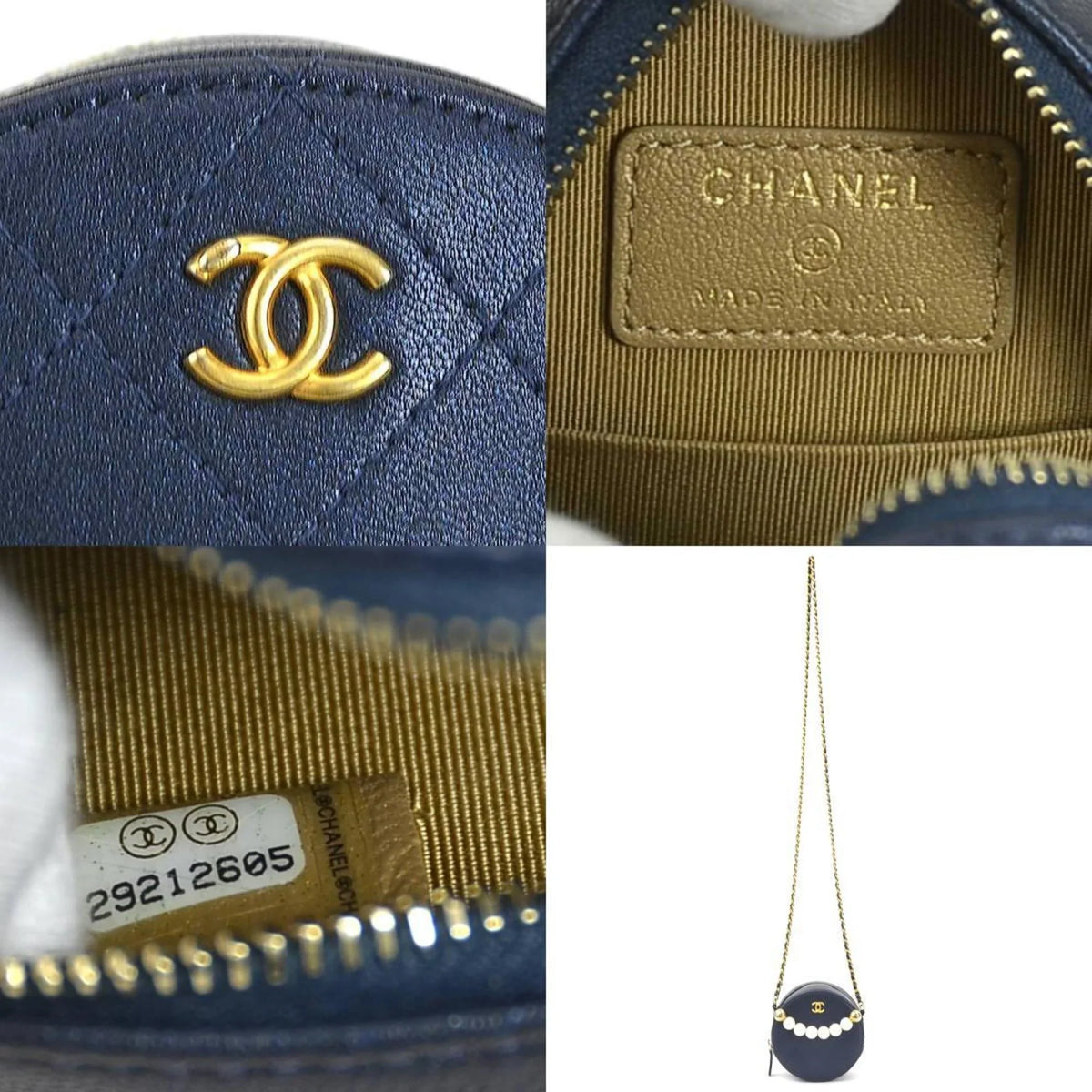 Pre-Owned CHANEL Crossbody Shoulder Bag Pochette Coco Mark Leather/Metal/Fake Pearl Navy/Gold/Off-White Women's (Good)