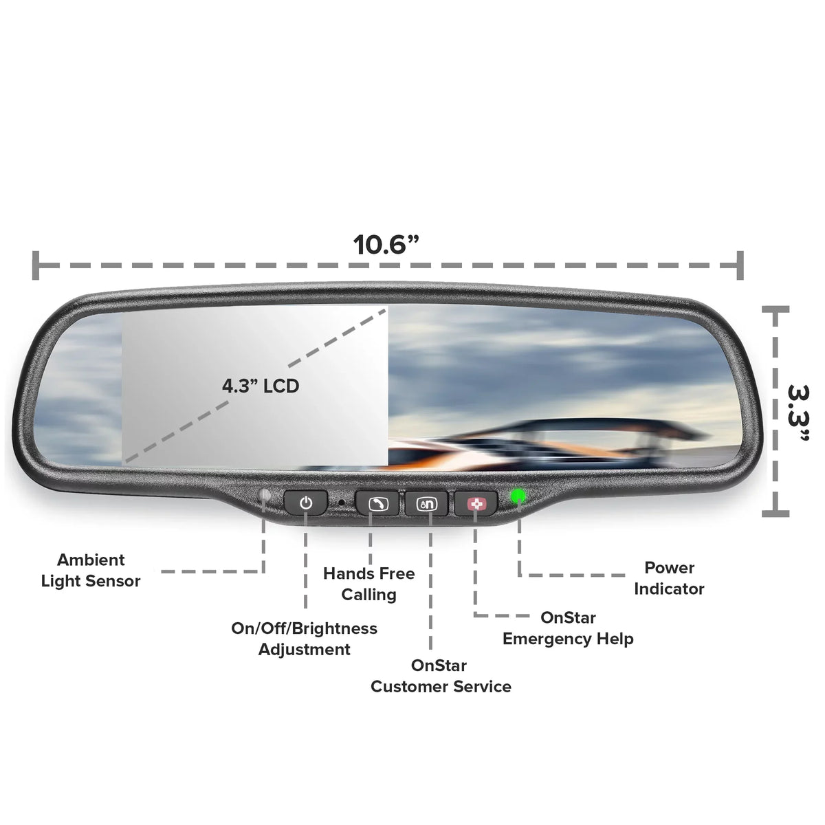 Master Tailgaters Universal OEM Rear View Mirror with 4.3" Auto-Adjusting Ultra Bright LCD, OnStar Buttons, and Compatibility for All Cars