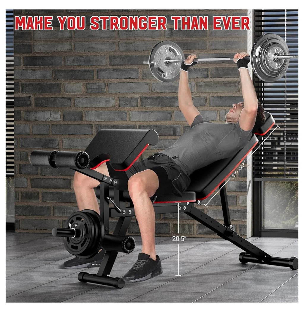 Weight Bench, Workout Bench for Home Gym with Extended Headrest, Leg Extension and Preacher Pad, Incline Decline Flat Adjustable Exercise Bench Full Body Workout, 900Lbs Weight Capacity