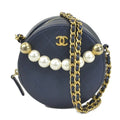 Pre-Owned CHANEL Crossbody Shoulder Bag Pochette Coco Mark Leather/Metal/Fake Pearl Navy/Gold/Off-White Women's (Good)