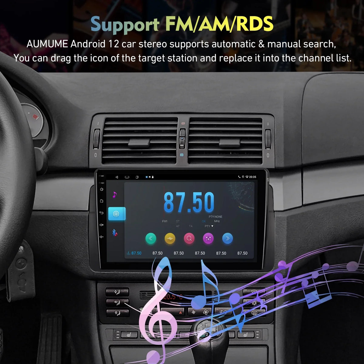 6+128G 9-inch Android 12 Double Din Car Stereo for BMW E46/M3/318/320/325/Rover 75/MG ZT Touchscreen Screen QLED Car Radio with Carplay Android Auto SWC Support Backup Camera