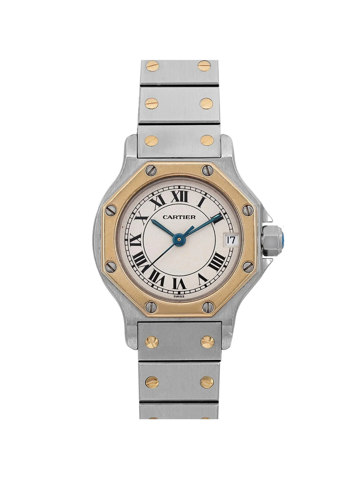 Pre-owned Cartier Santos Octagon 18K Yellow Gold Steel Cream Watch 187903 (Good)