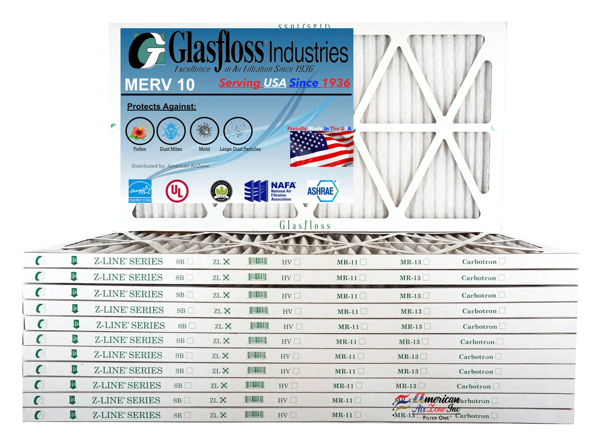 Glasfloss 14x30x1 - MERV 10 -Qty:12 - Furnace Air Filter - Made in USA (Actual Size: 13.5 x 29.5x7/8 inch)