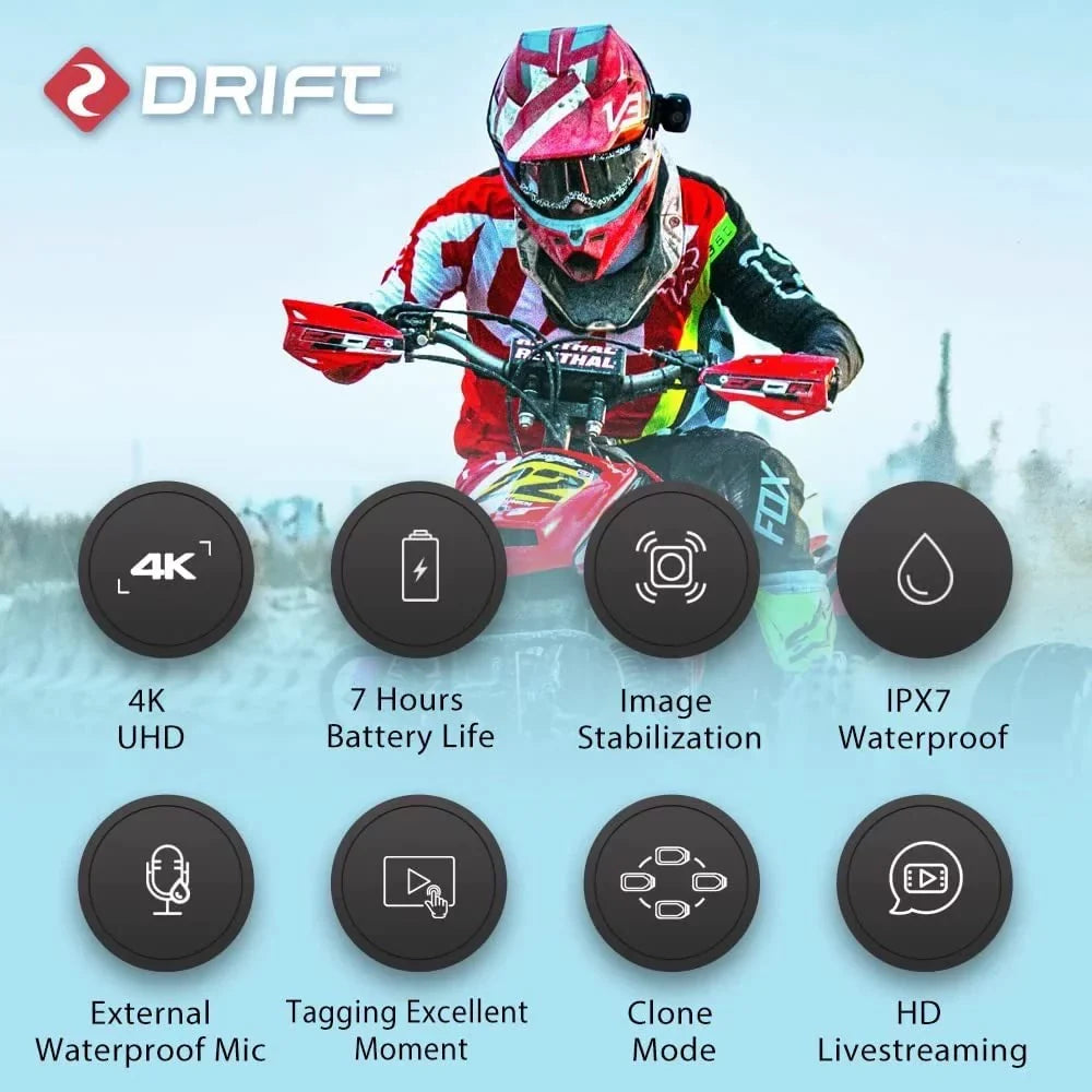 Drift Ghost XL Pro 4K Action Camera, Image Stabilization 4 Hour Battery Life Waterproof Camera 140 Degree Wide Angle Support External Mic