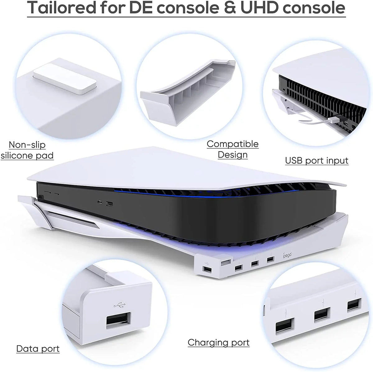 Horizontal Console Stand for Playstation 5 with 4-Port USB Hub and Base Skate Holder 3 Charging Port Extension &1 USB 2.0 Data Port,Compatible with Playstation 5 Disc & Digital Edition