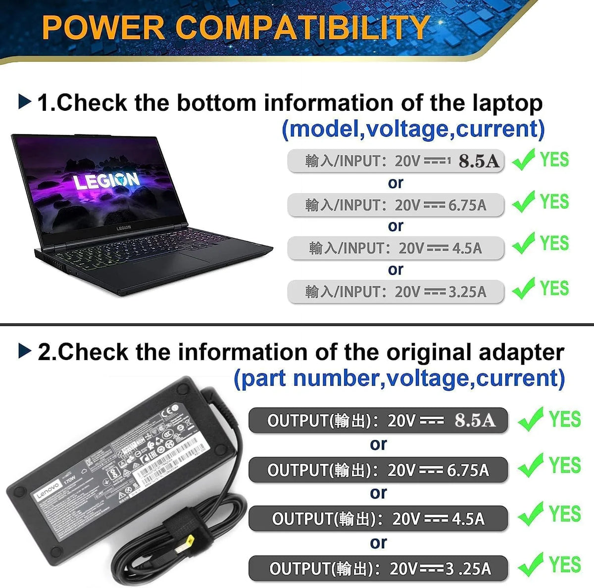 New 170W AC Charger Fit for Legion Y740 Y730 Y720 Y530 Y520 Y540 Y7000 Y7000p 5 5P Y720-15IKB Y740-15ICHg