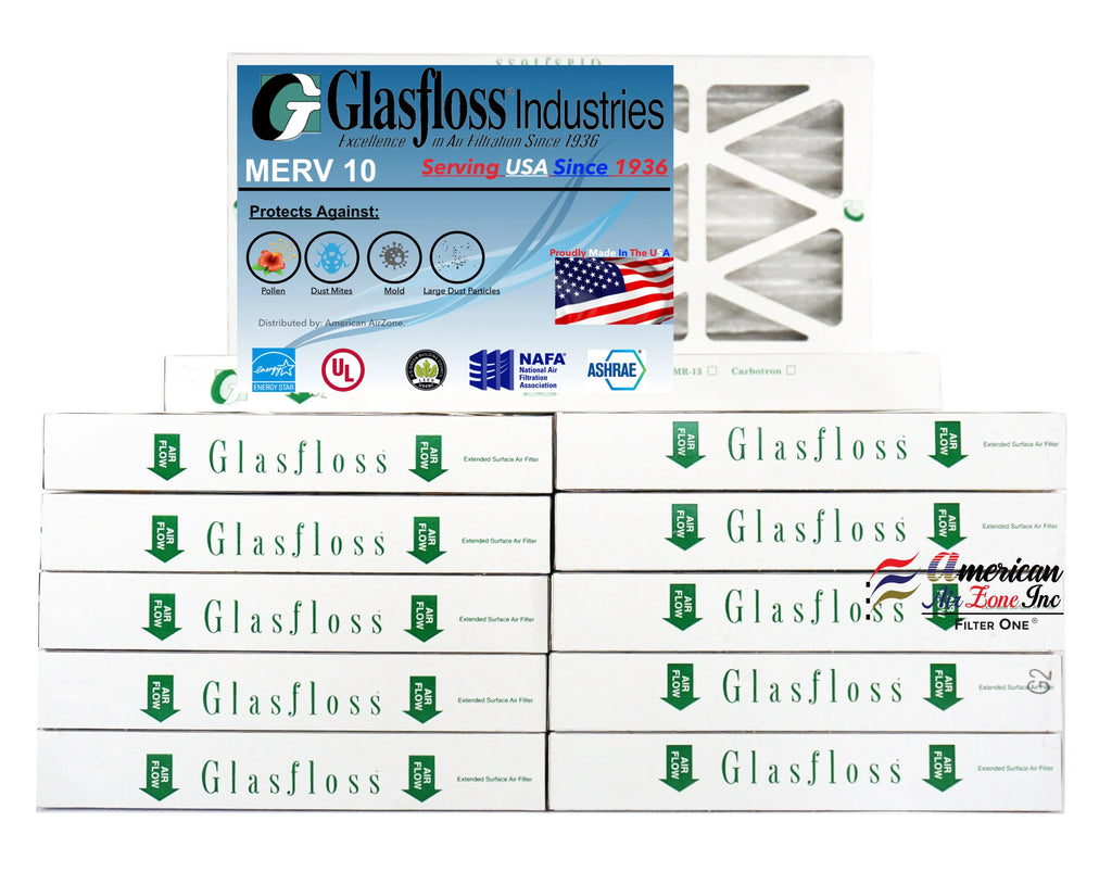 Glasfloss Air Filter 10x24x2 - 2" MERV 10 - (Pack of 12) - Pleated AC or HVAC Air Filter - Furnace Air Filter - Home or Office - Made In The USA.